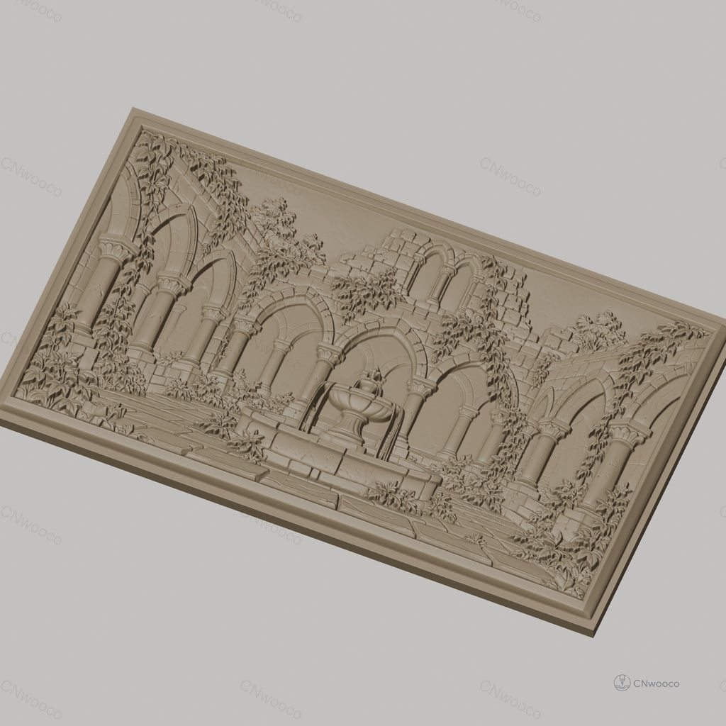 Fichier CNC & impression 3D cloître ancien, fontaine centrale et archades gothiques, haute qualité relief STL