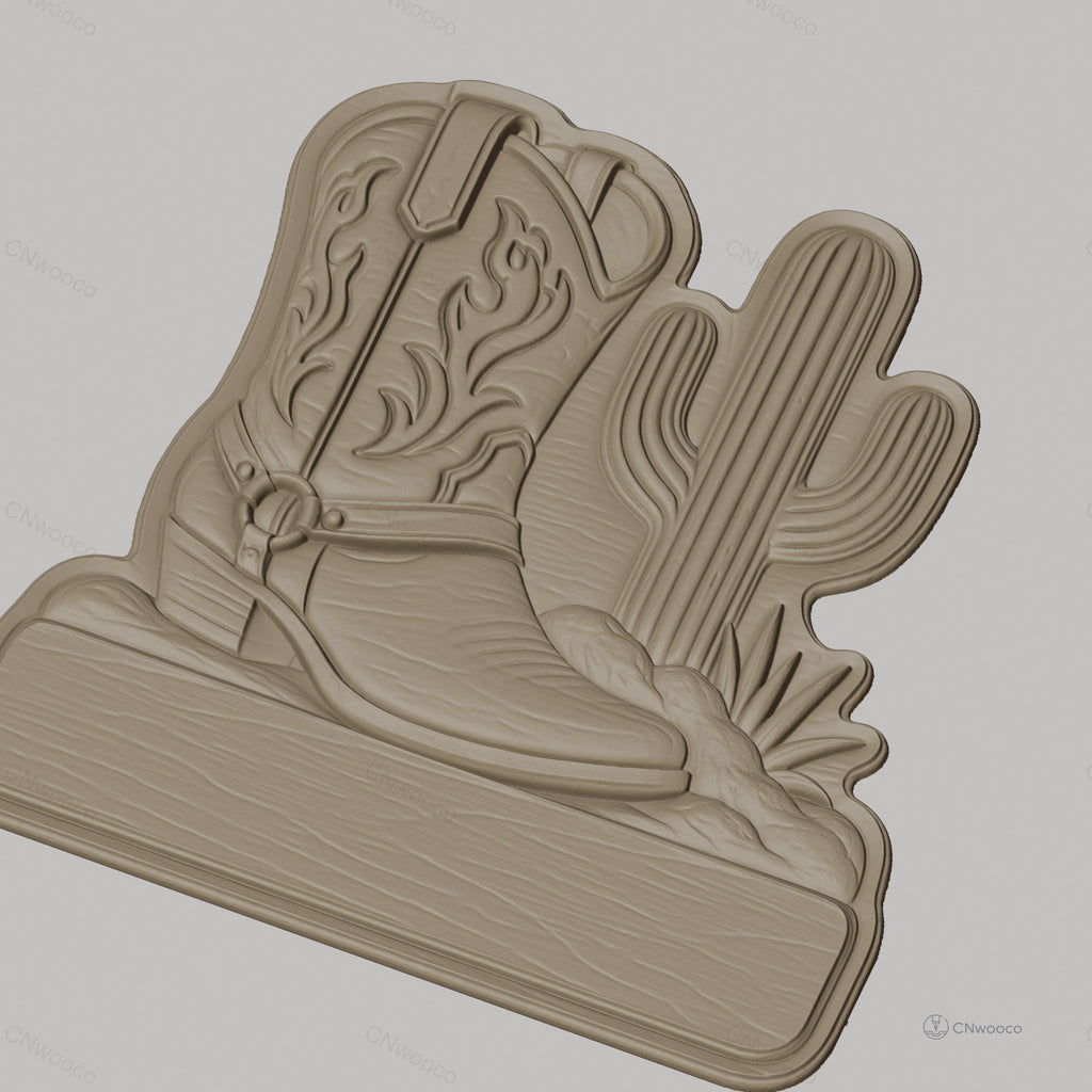 Fichier CNC & impression 3D décoration western bottes et cactus, STL très haute qualité