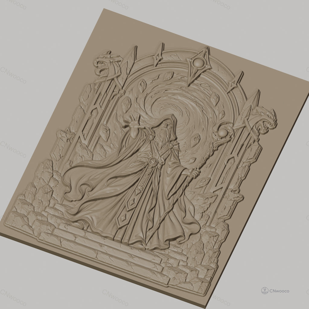 Fichier CNC & impression 3D magicien avec portail magique et bâton, haute qualité relief STL