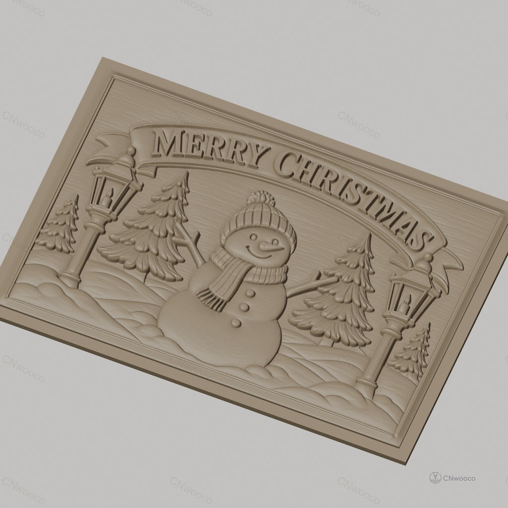 Fichier CNC & impression 3D Noël, bonhomme de neige, sapins et lampadaires, haute qualité relief STL
