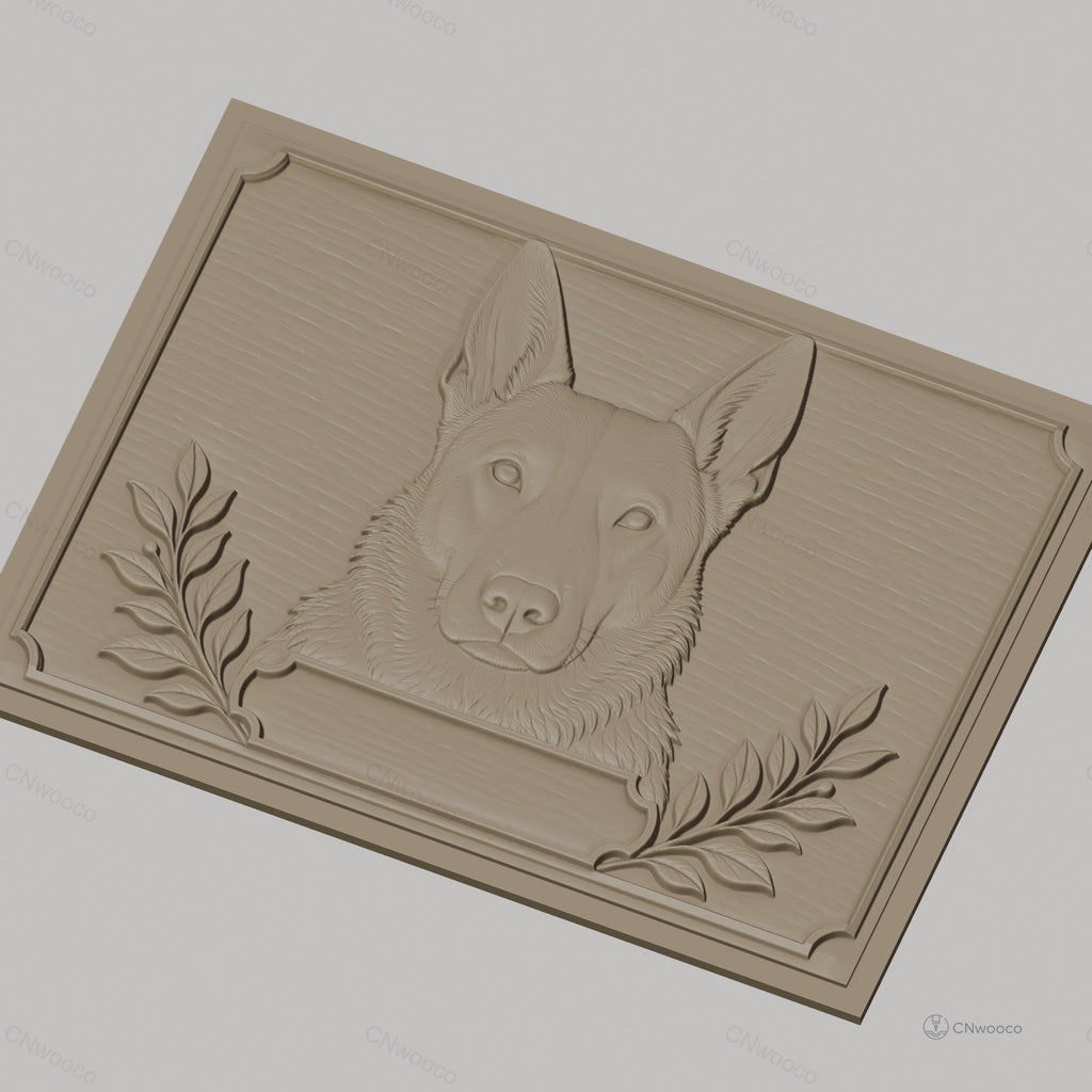 Fichier CNC & impression 3D chien berger, tête en relief avec branches décoratives, haute qualité relief STL