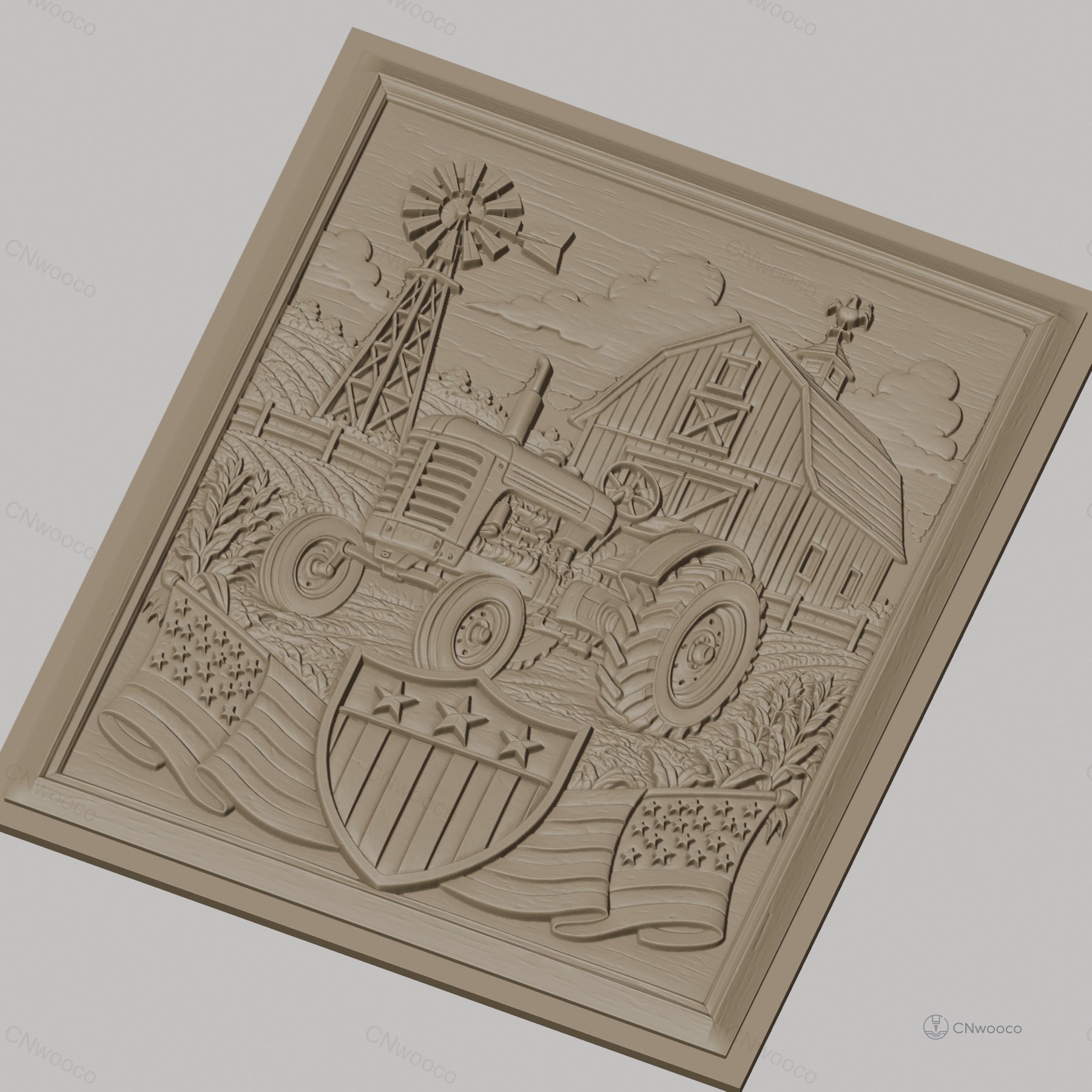 Fichier CNC & impression 3D ferme américaine, tracteur, grange, moulin à vent, drapeaux USA, haute qualité relief STL