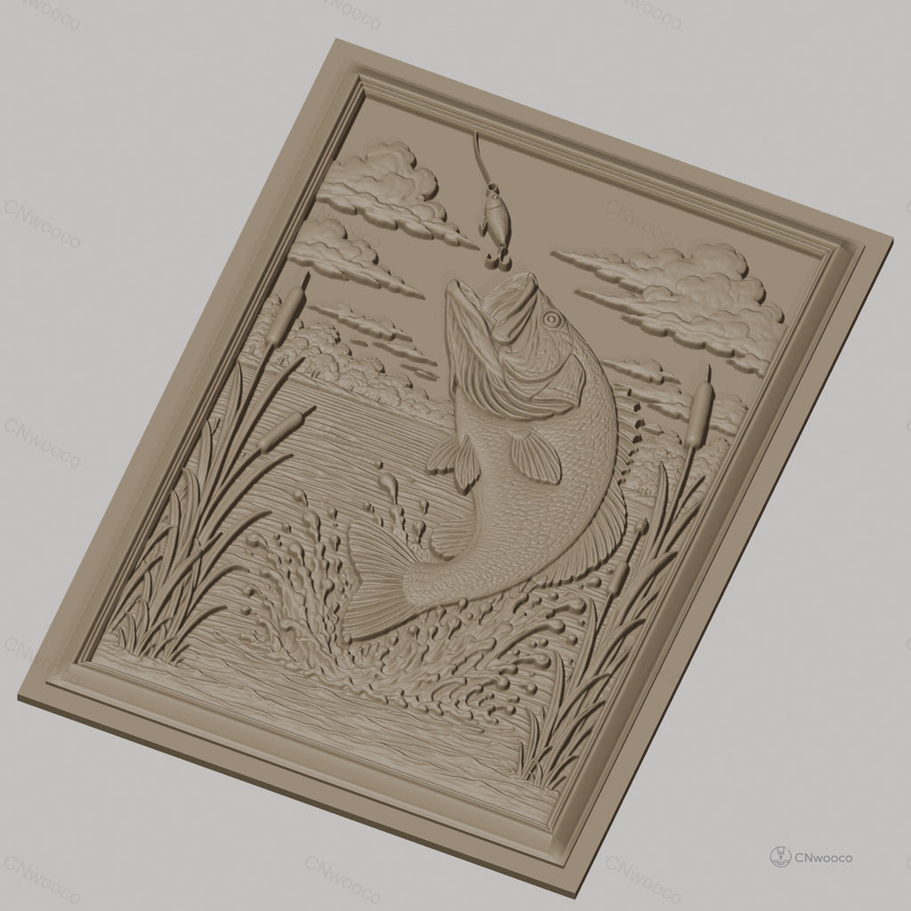 Fichier CNC & impression 3D poisson bass sautant, eau, plantes aquatiques haute qualité relief STL