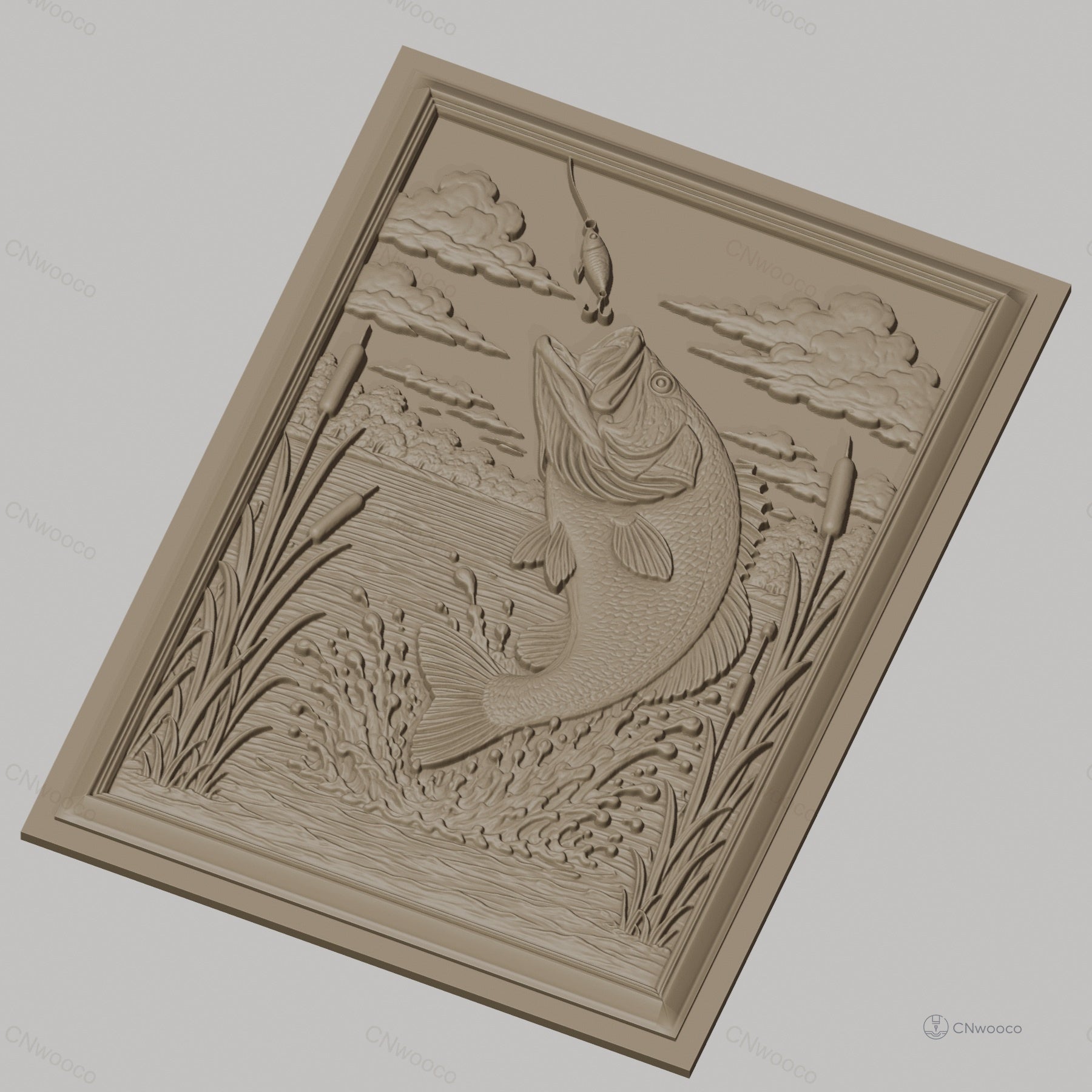 Fichier CNC & impression 3D poisson bass sautant, eau, plantes aquatiques haute qualité relief STL
