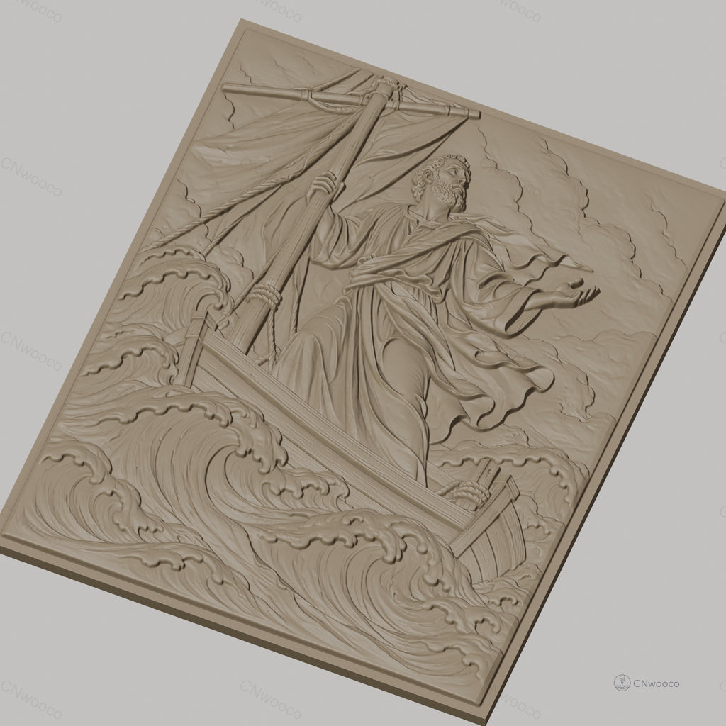 Fichier CNC & impression 3D Jésus marchant sur l'eau, bateau et vagues détaillés, haute qualité relief STL
