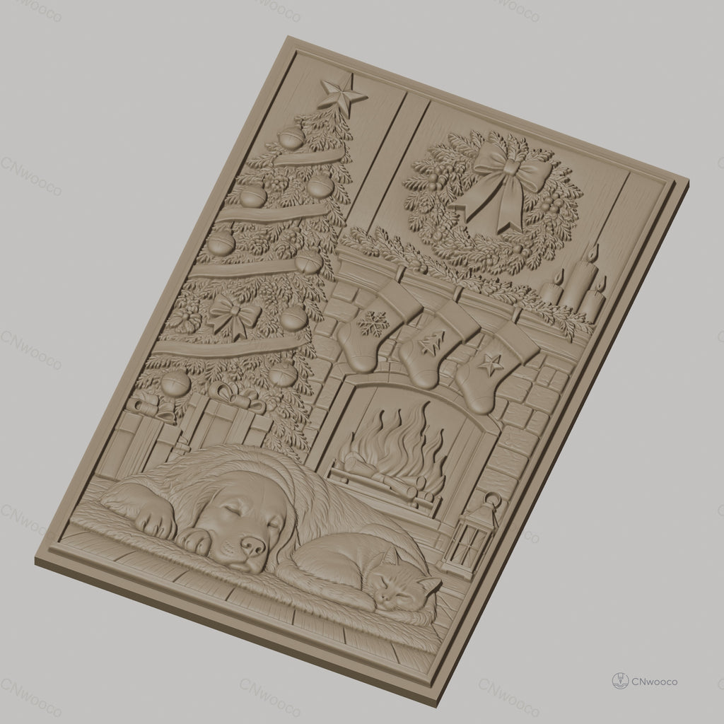 Fichier CNC & impression 3D thème de Noël, chien et chat devant cheminée avec sapin, haute qualité relief STL