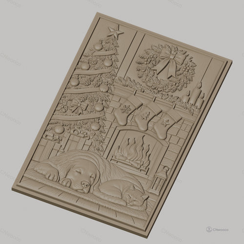 Fichier CNC & impression 3D thème de Noël, chien et chat devant cheminée avec sapin, haute qualité relief STL