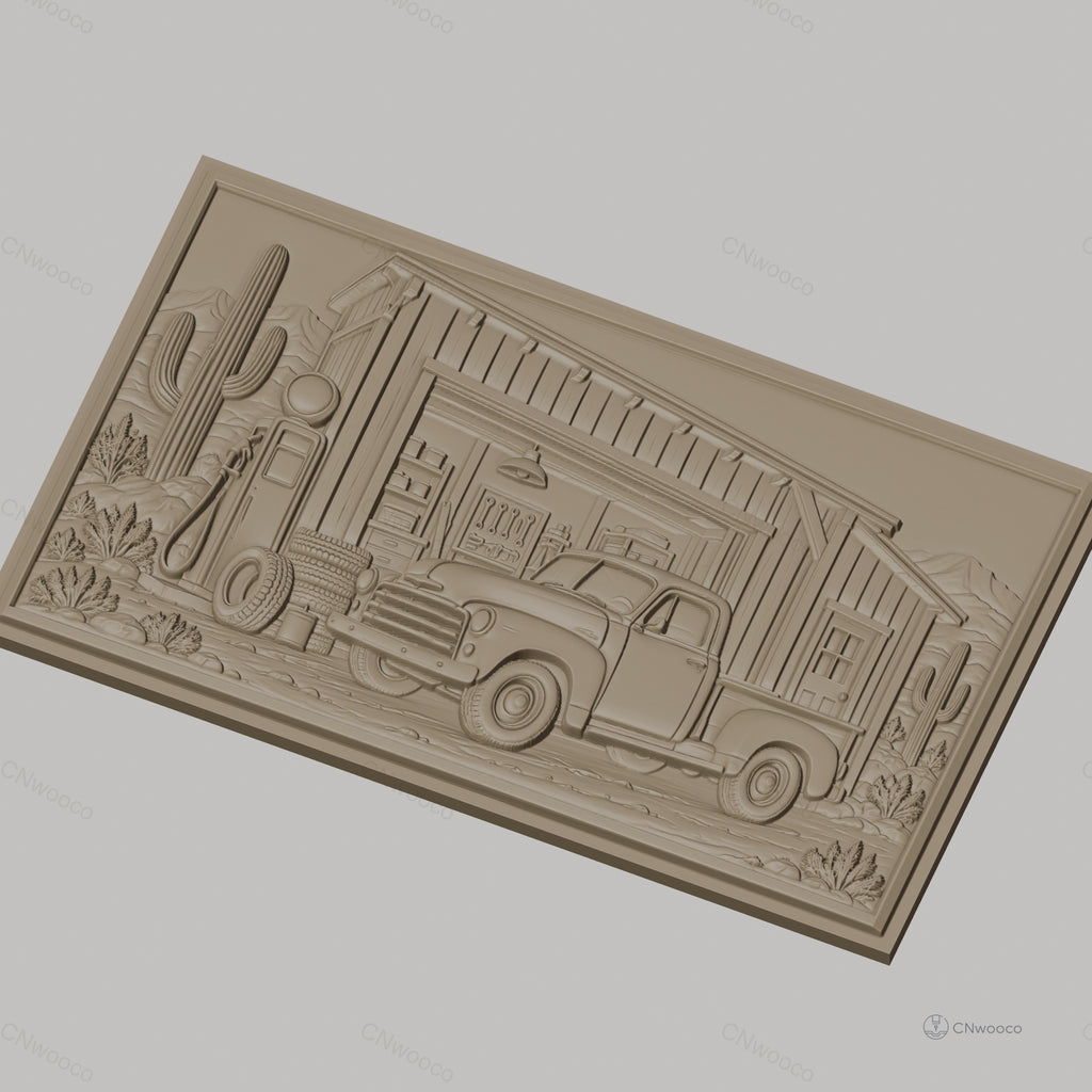 Fichier CNC & impression 3D ancienne camionnette devant garage désert cactus, haute qualité relief STL