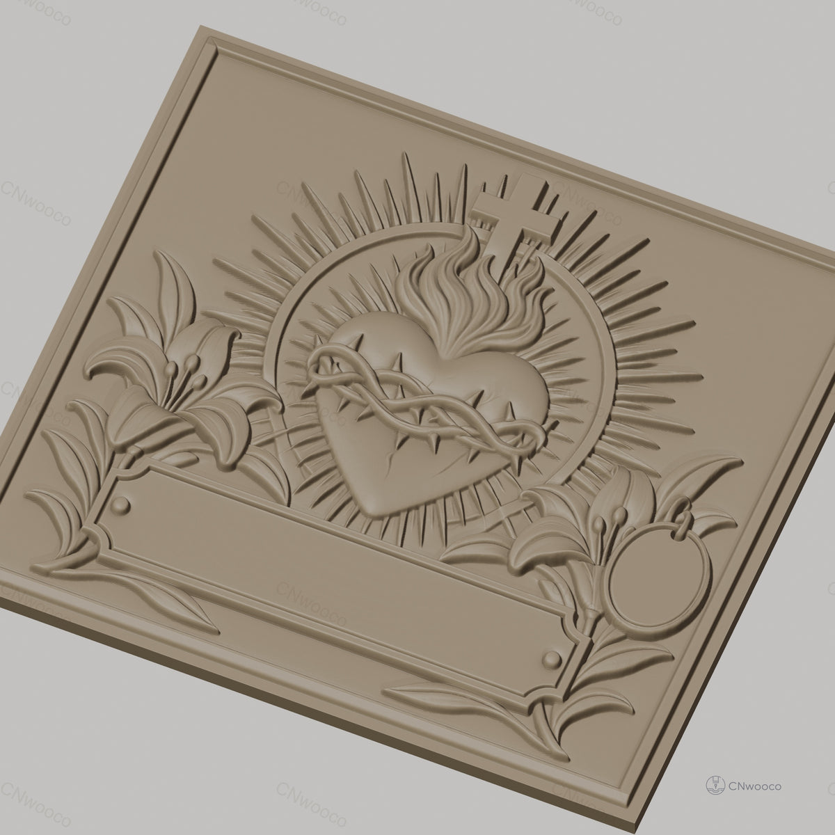 Fichier CNC & impression 3D coeur sacré couronne d'épines fleurs haute qualité relief STL