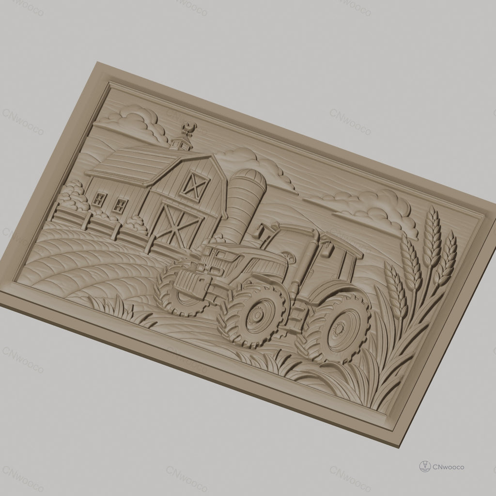 Fichier CNC & impression 3D paysage agricole, tracteur, grange, silo, épis de blé, haute qualité relief STL