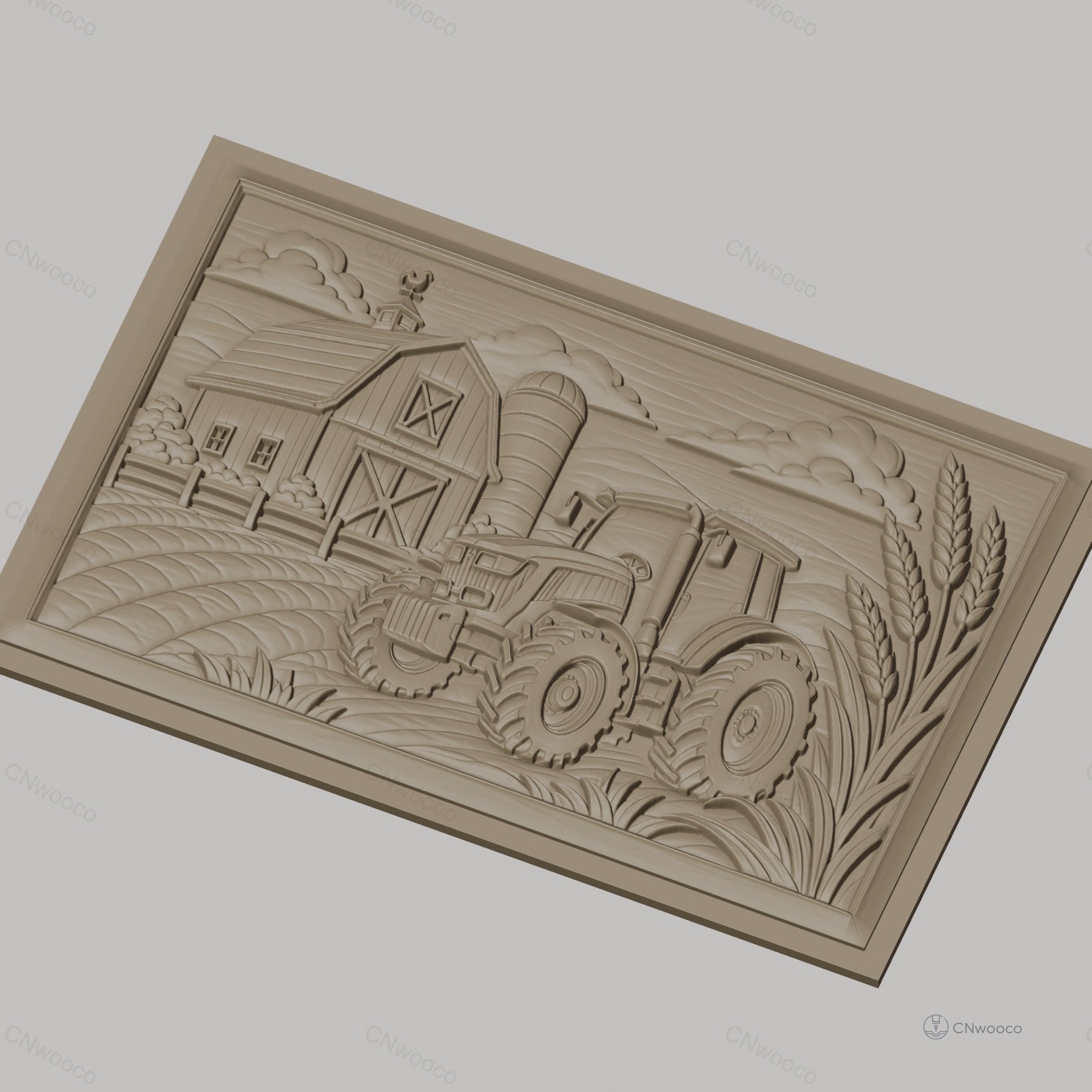 Fichier CNC & impression 3D paysage agricole, tracteur, grange, silo, épis de blé, haute qualité relief STL