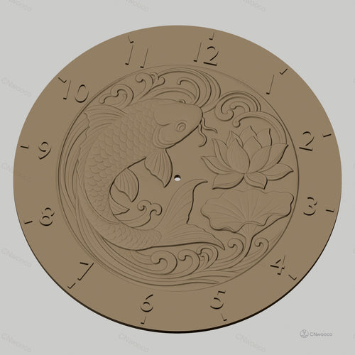 Fichier CNC & impression 3D horloge murale poisson carpe Koi et fleur de lotus STL