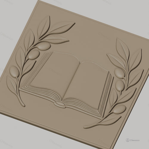Fichier CNC & impression 3D livre ouvert et branches d'olivier, haute qualité relief STL