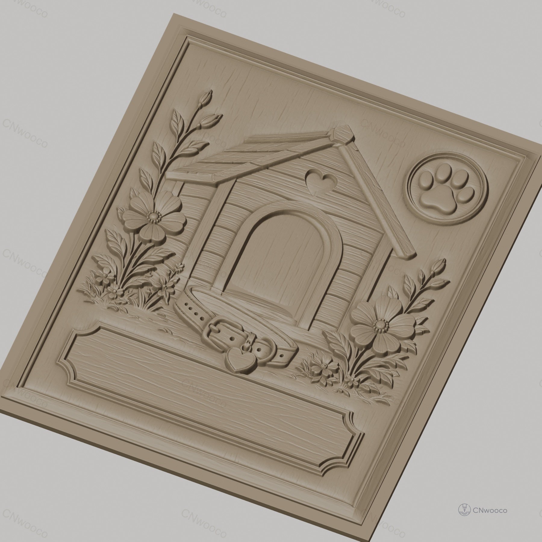 Fichier CNC & impression 3D niche de chien, collier, fleurs et empreinte, haute qualité relief STL