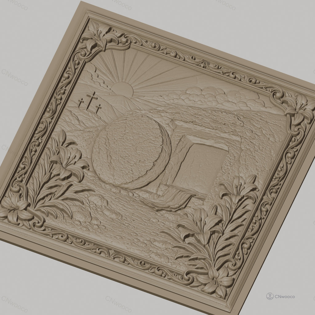 Fichier CNC & impression 3D tombeau vide de Jésus, croix et lys, haute qualité relief STL