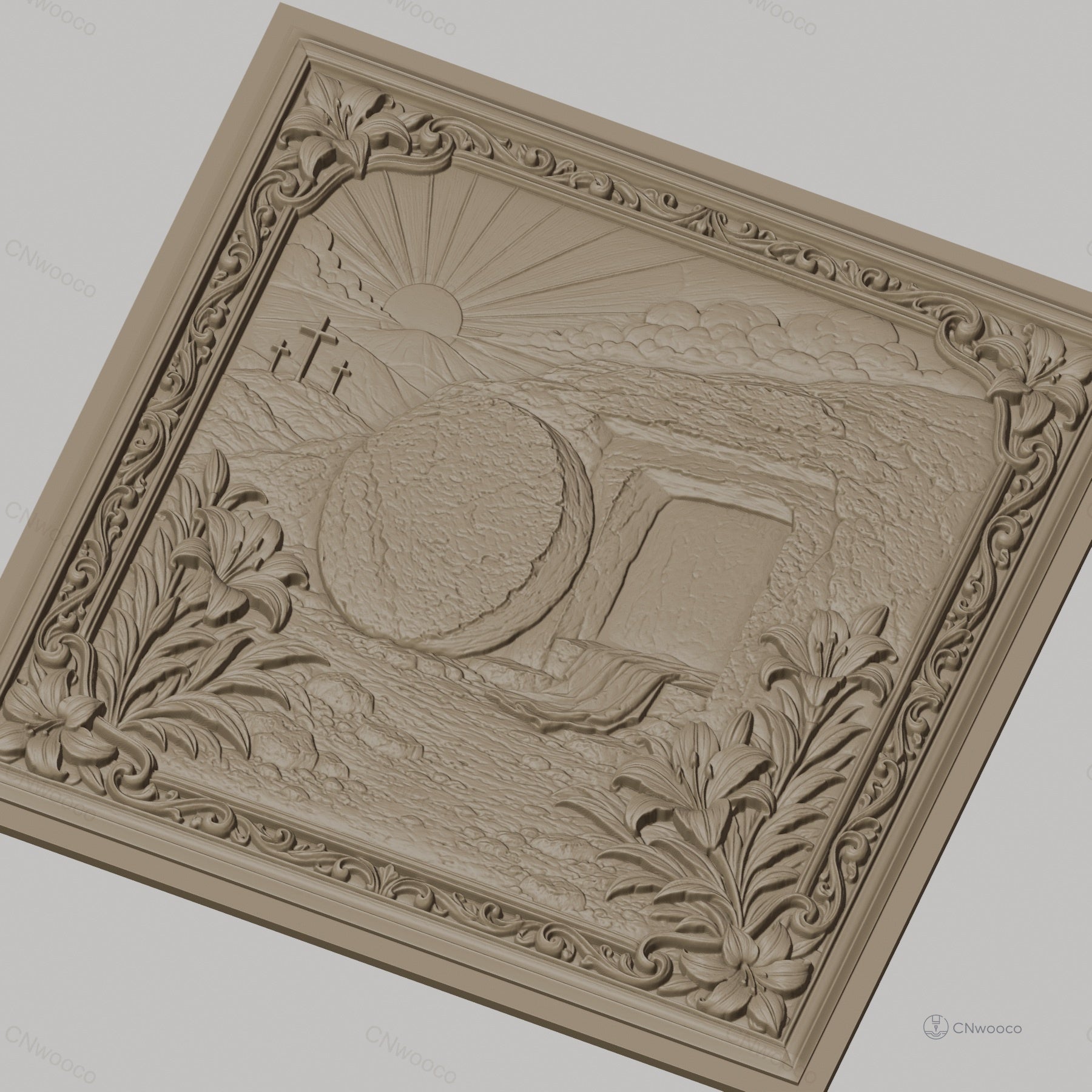 Fichier CNC & impression 3D tombeau vide de Jésus, croix et lys, haute qualité relief STL