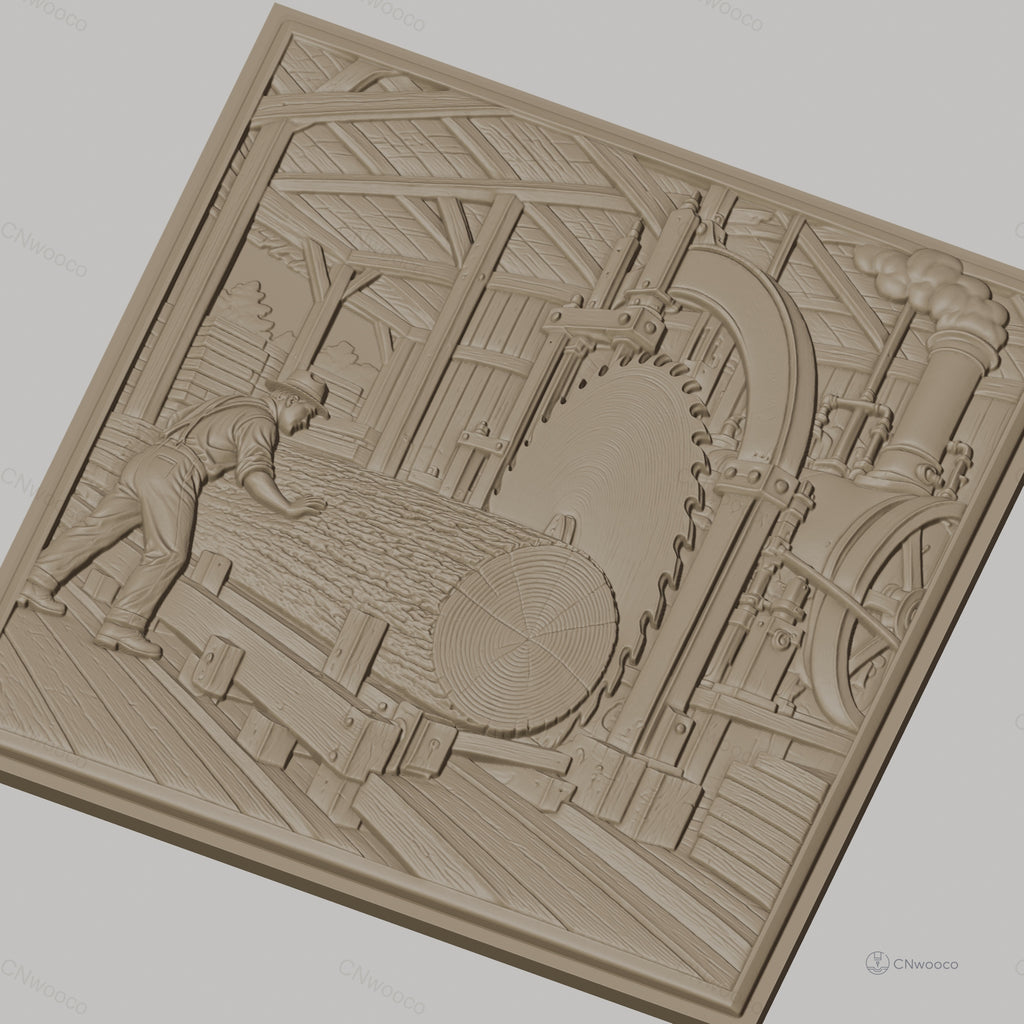 Fichier CNC & impression 3D scierie ancienne, ouvrier et machine à sciage, haute qualité relief STL