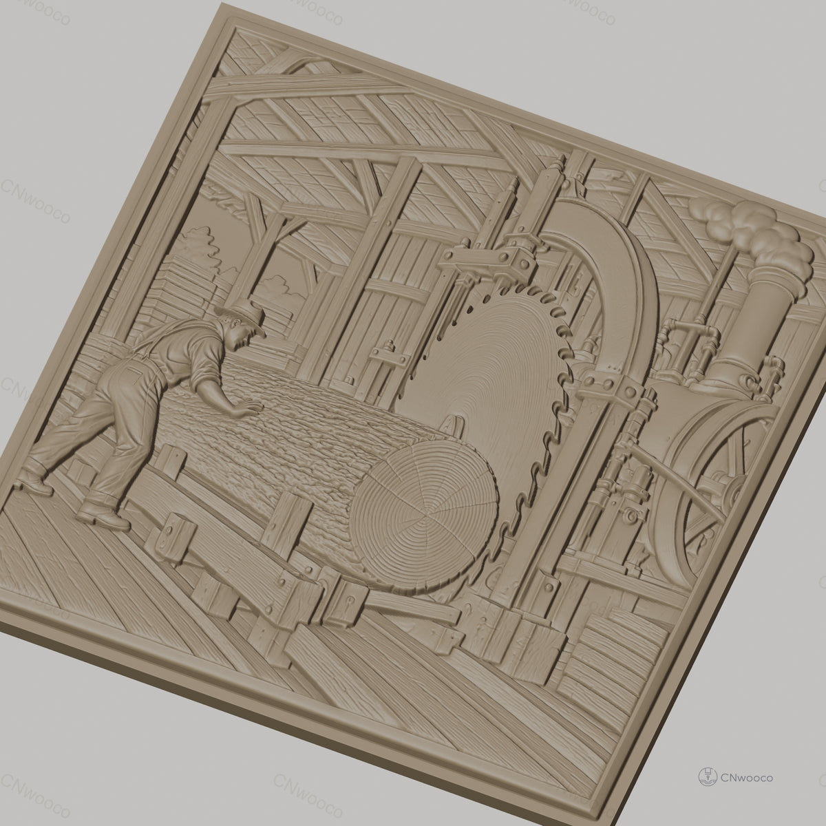 Fichier CNC & impression 3D scierie ancienne, ouvrier et machine à sciage, haute qualité relief STL