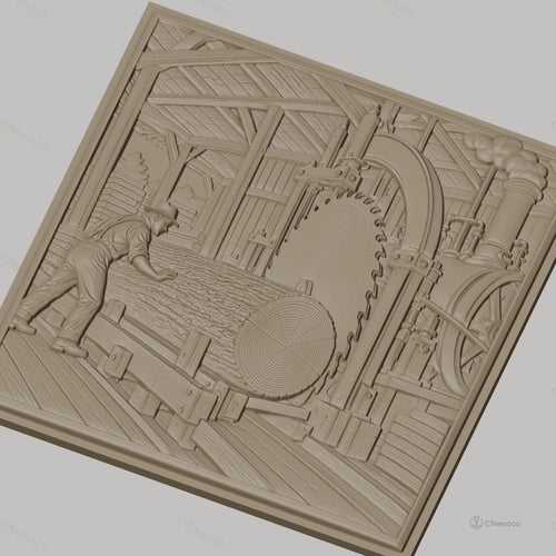 Fichier CNC & impression 3D scierie ancienne, ouvrier et machine à sciage, haute qualité relief STL
