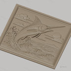 Fichier CNC & impression 3D poisson espadon sautant, vagues océan et ciel nuageux, haute qualité relief STL