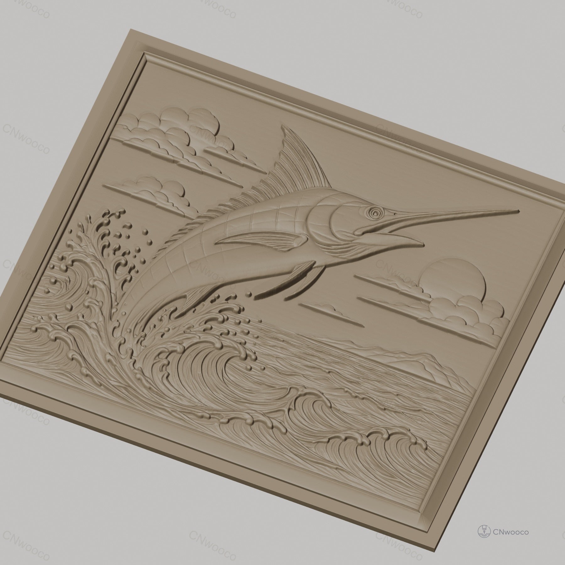 Fichier CNC & impression 3D poisson espadon sautant, vagues océan et ciel nuageux, haute qualité relief STL