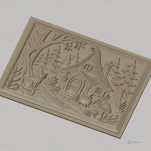 Fichier CNC & impression 3D maison de sorcière, chat, forêt et champignons, haute qualité relief STL