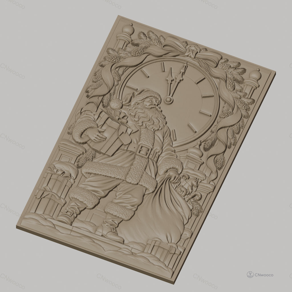 Fichier CNC & impression 3D Père Noël avec horloge et cadeaux, haute qualité relief STL