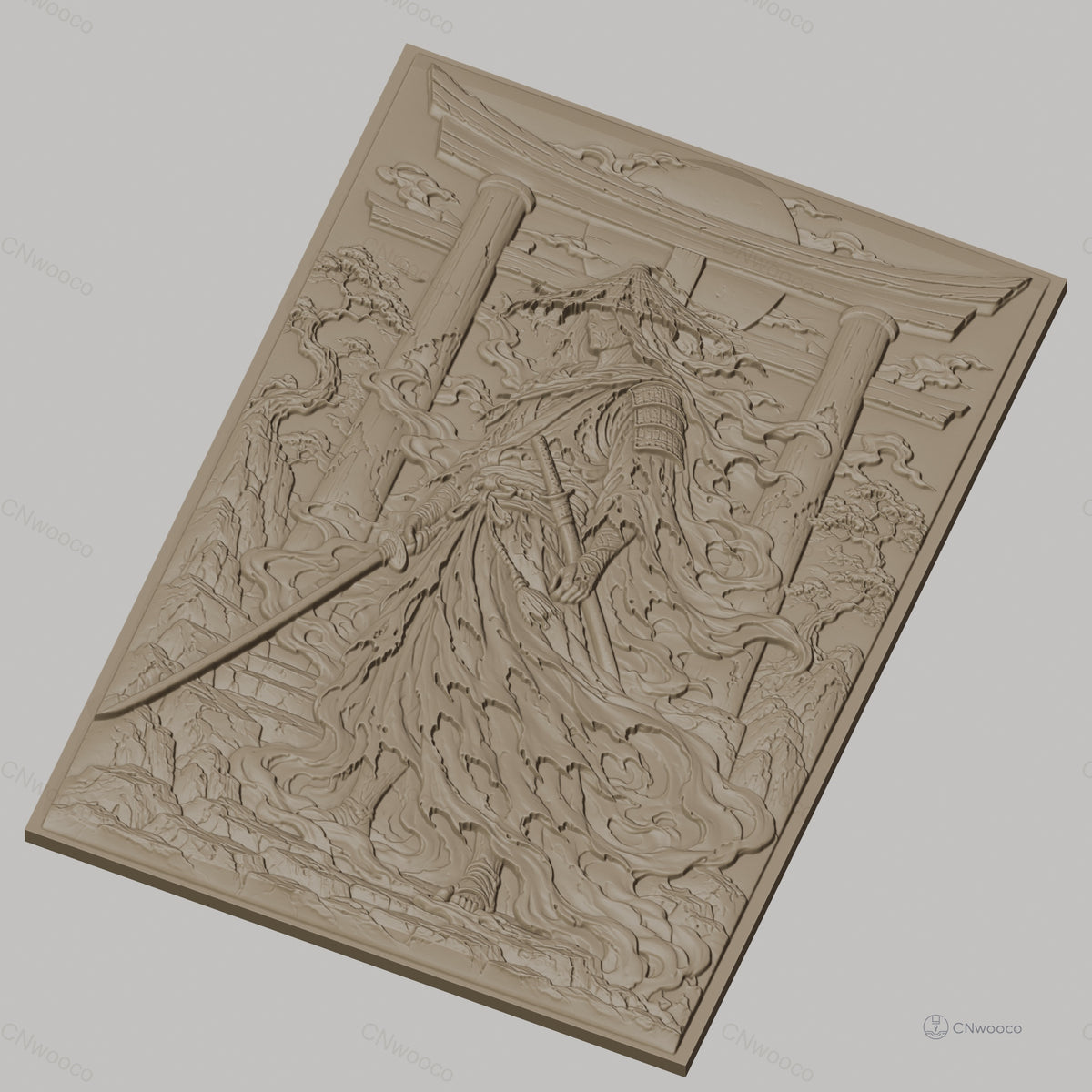 Fichier CNC & impression 3D Samouraï avec katana et torii, paysage japonais, haute qualité relief STL