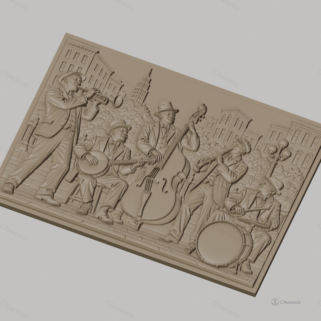 Fichier CNC & impression 3D groupe de jazz vintage, musiciens avec trompette, banjo, contrebasse, clarinette, batterie haute qualité relief STL