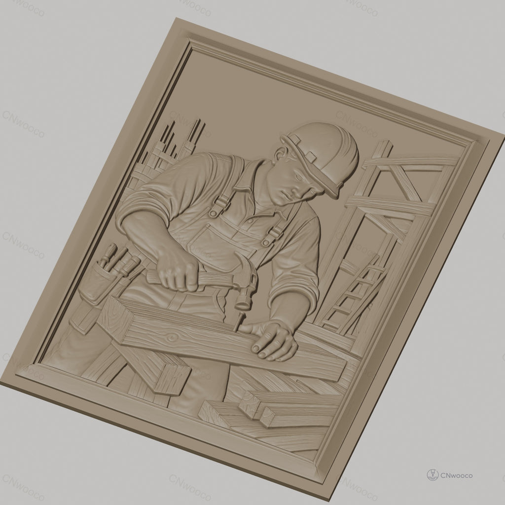 Fichier CNC & impression 3D charpentier au travail, marteau et bois, haute qualité relief STL