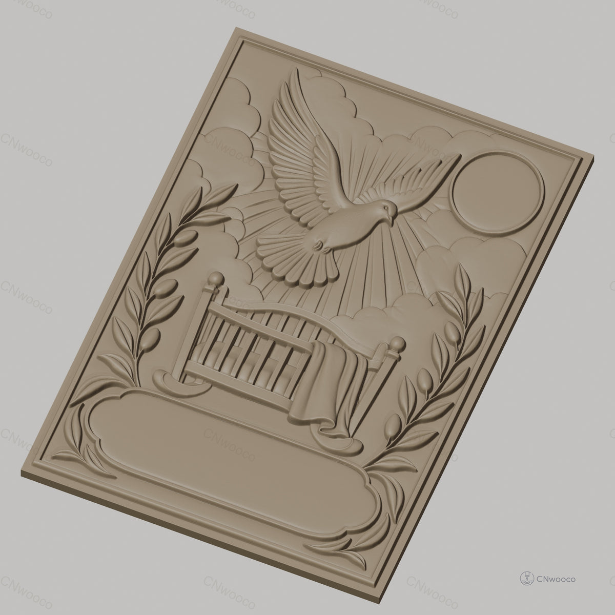Fichier CNC & impression 3D berceau avec colombe, soleil, branches d'olivier, haute qualité relief STL