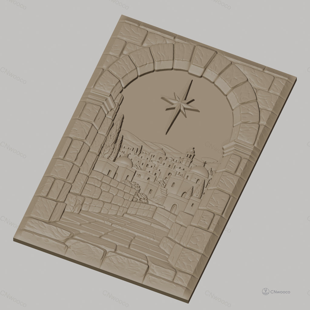 Fichier CNC & impression 3D paysage de village médiéval, arche en pierre et chemin pavé, haute qualité relief STL