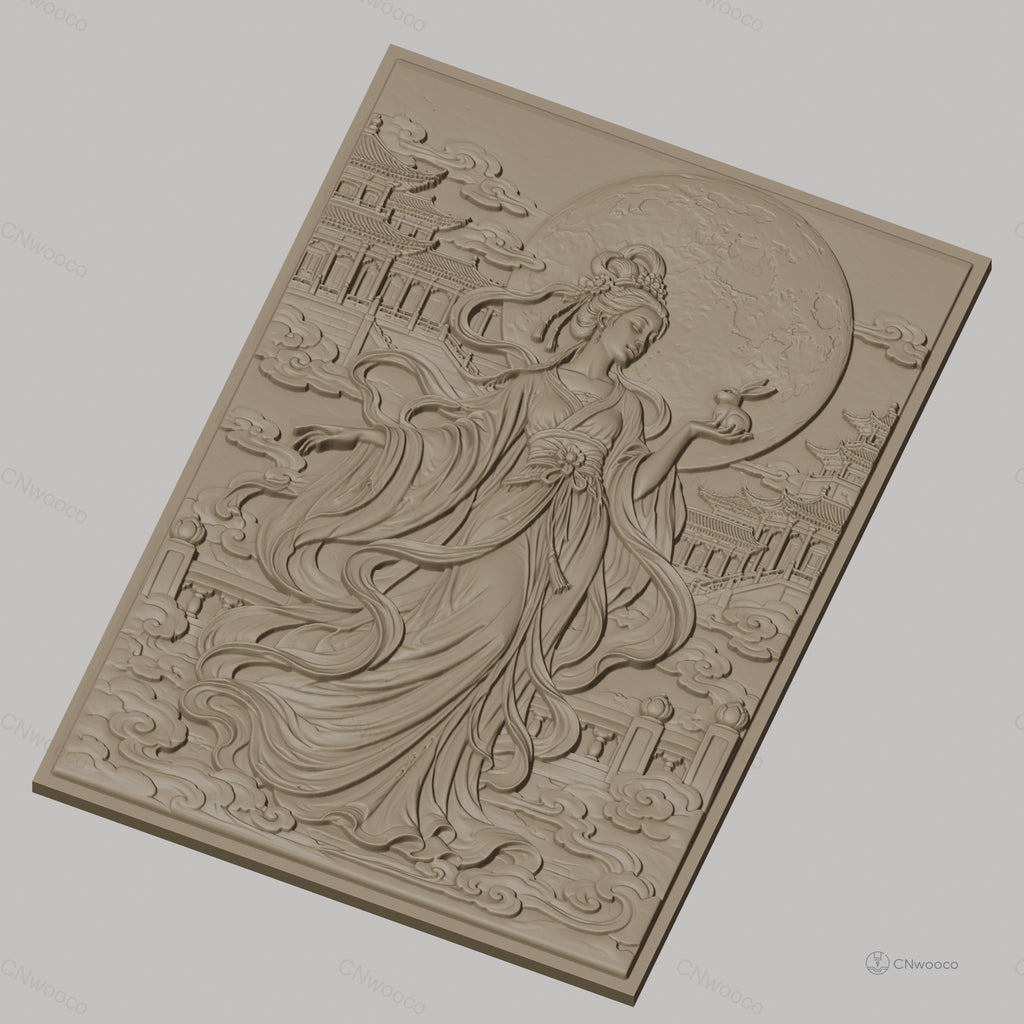 Fichier CNC & impression 3D déesse chinoise, lune et lapin, temples et nuages, haute qualité relief STL