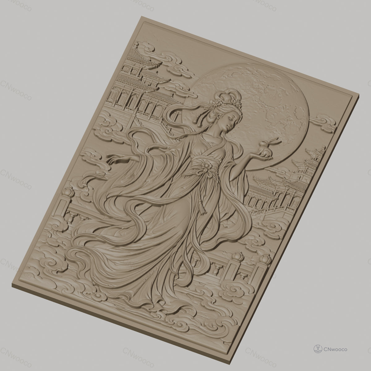 Fichier CNC & impression 3D déesse chinoise, lune et lapin, temples et nuages, haute qualité relief STL