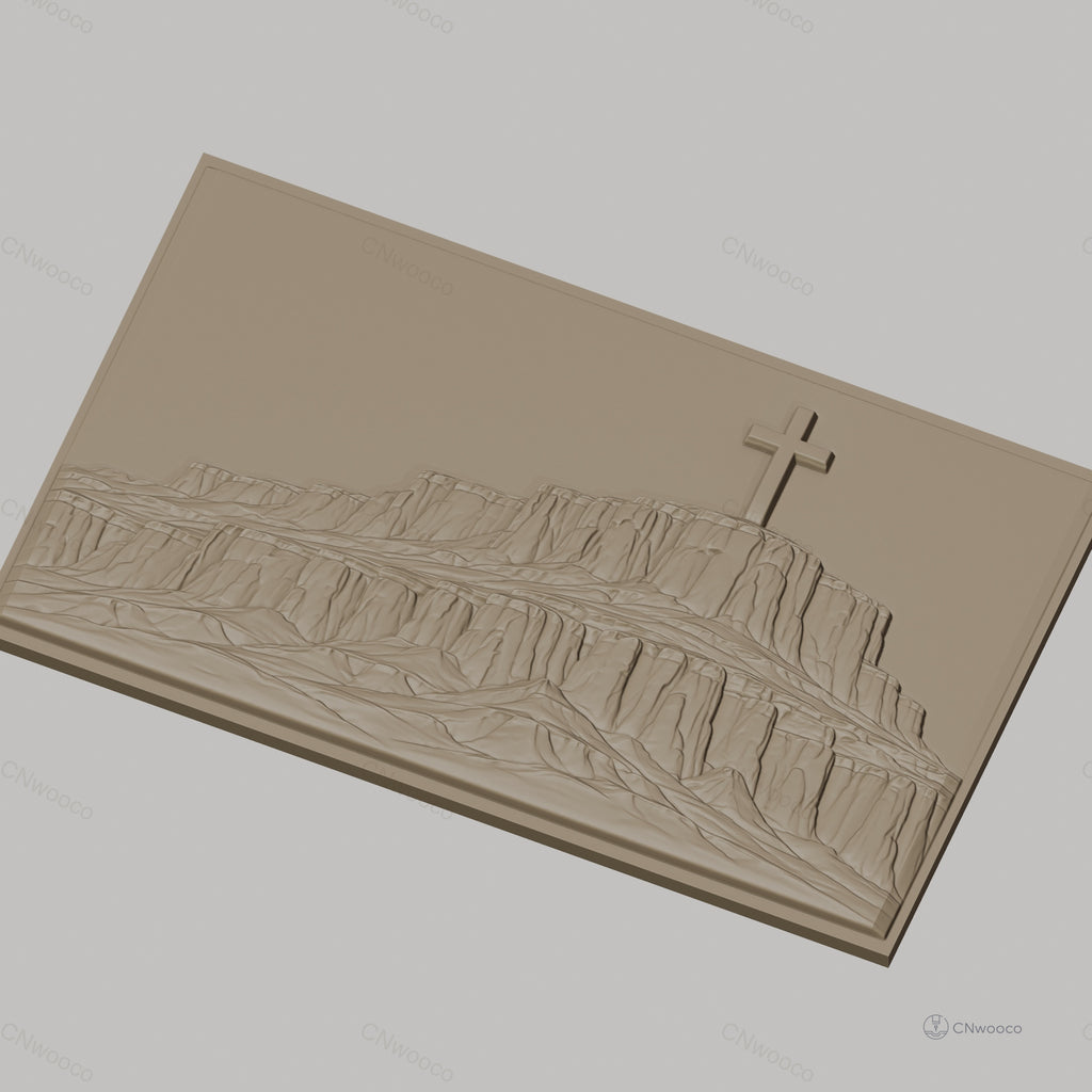 Fichier CNC & impression 3D montagne plateau croix christianisme, paysage relief hautes falaises, haute qualité relief STL