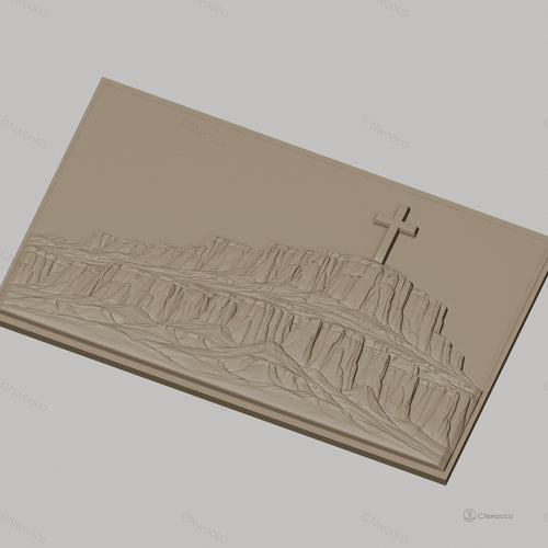 Fichier CNC & impression 3D montagne plateau croix christianisme, paysage relief hautes falaises, haute qualité relief STL