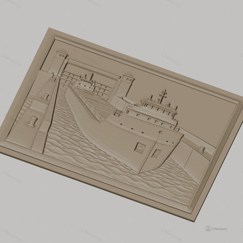 Fichier CNC & impression 3D bateau dans écluse maritime, détail de navire et eau, haute qualité relief STL
