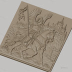 Fichier CNC & impression 3D Chevalier ailé à cheval avec château, drapeau et armure détaillée, haute qualité relief STL