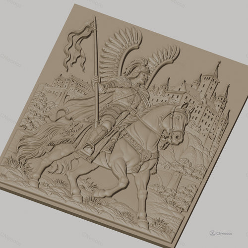 Fichier CNC & impression 3D Chevalier ailé à cheval avec château, drapeau et armure détaillée, haute qualité relief STL