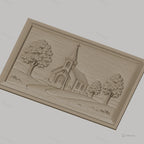 Fichier CNC & impression 3D scène d'église rurale, arbres et chemin dans un relief, haute qualité relief STL
