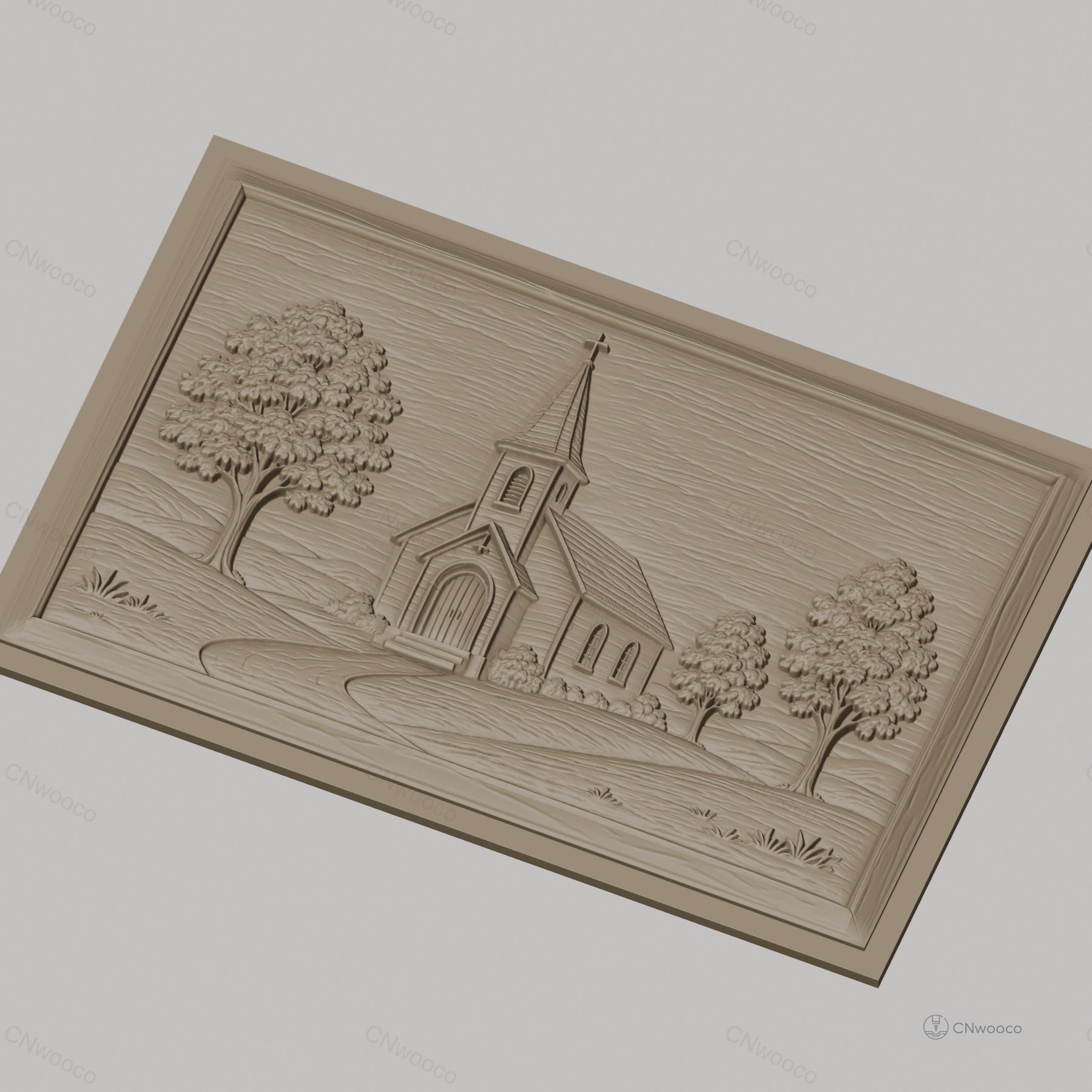 Fichier CNC & impression 3D scène d'église rurale, arbres et chemin dans un relief, haute qualité relief STL