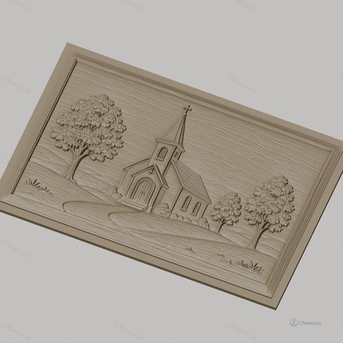 Fichier CNC & impression 3D scène d'église rurale, arbres et chemin dans un relief, haute qualité relief STL