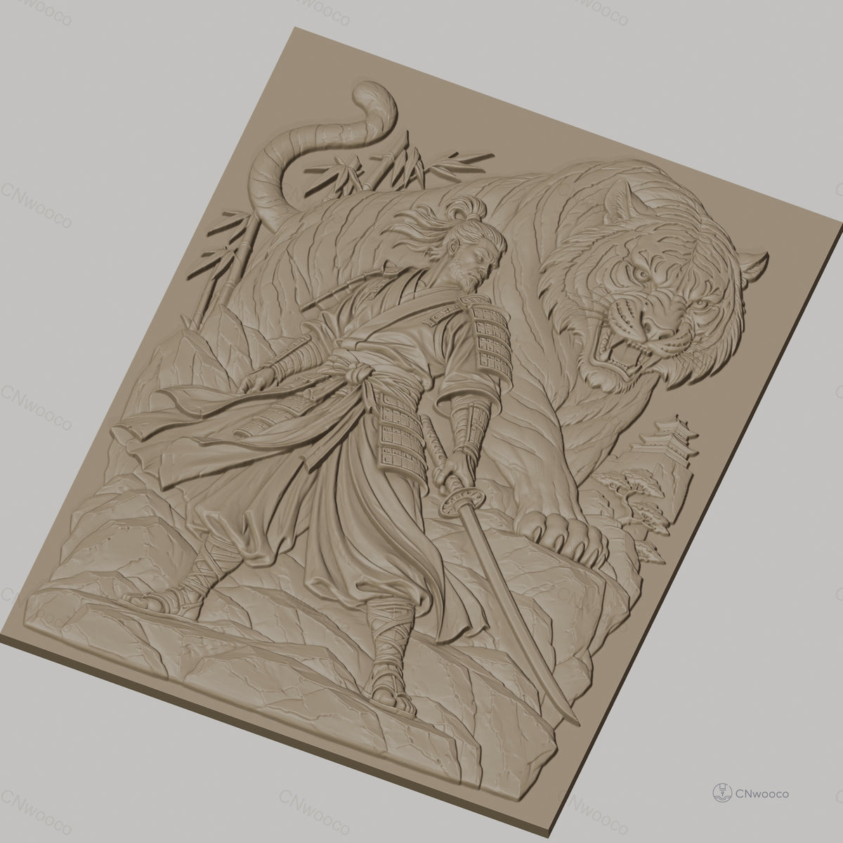 Fichier CNC & impression 3D samouraï et tigre, épée, bambou, pagode, haute qualité relief STL