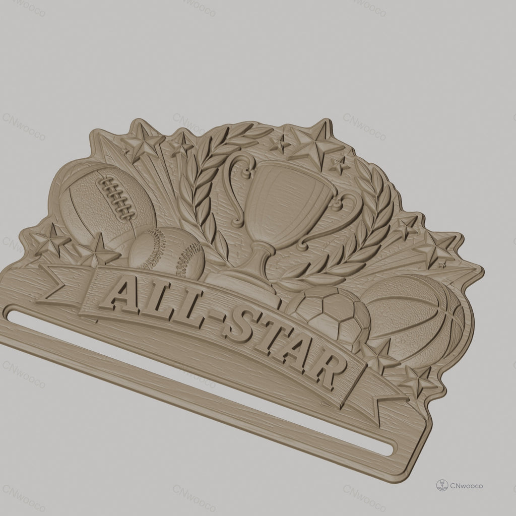 Fichier CNC & impression 3D support médaille sport avec trophée et ballons, STL très haute qualité