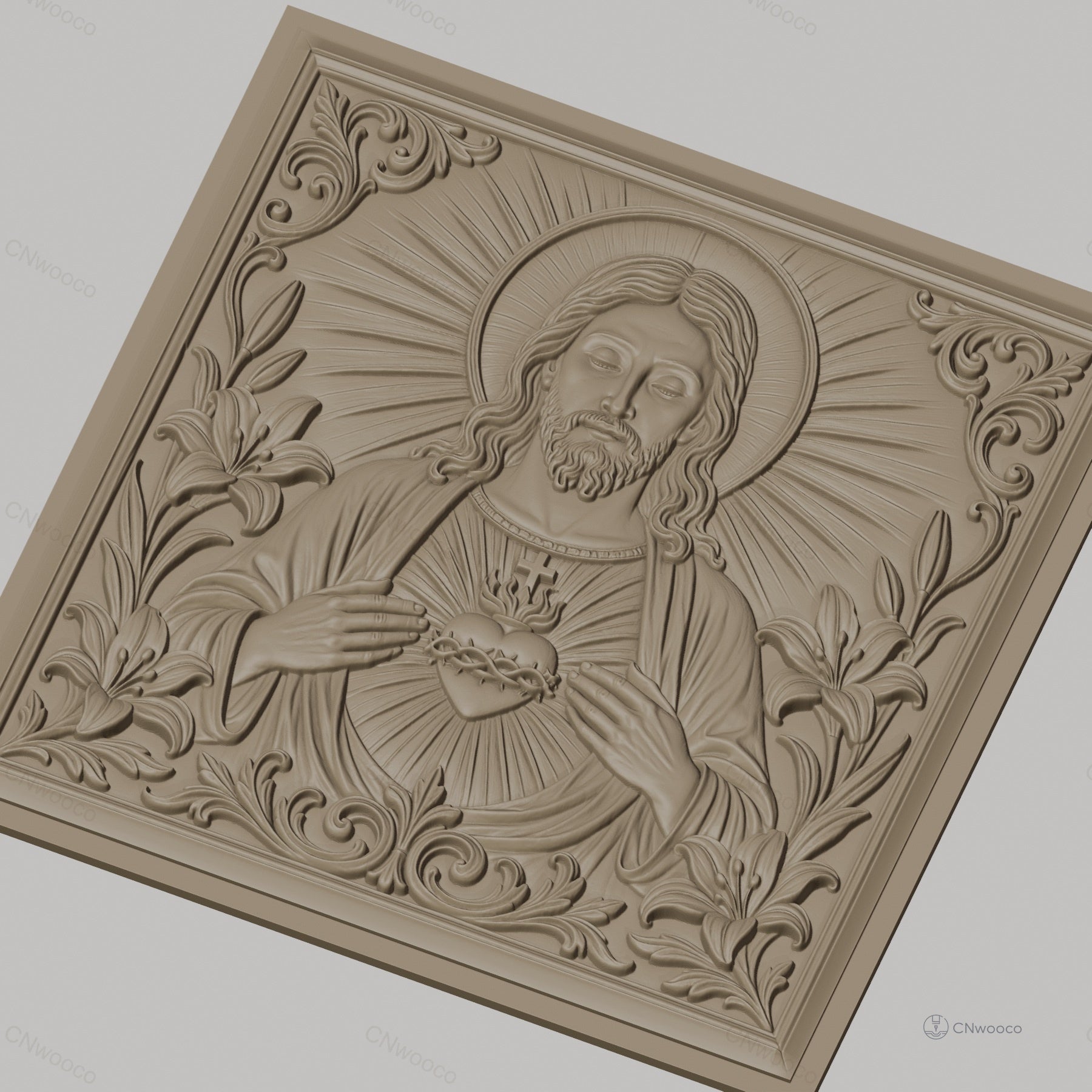 Fichier CNC & impression 3D Jésus Christ, cœur sacré, lys et ornements, haute qualité relief STL