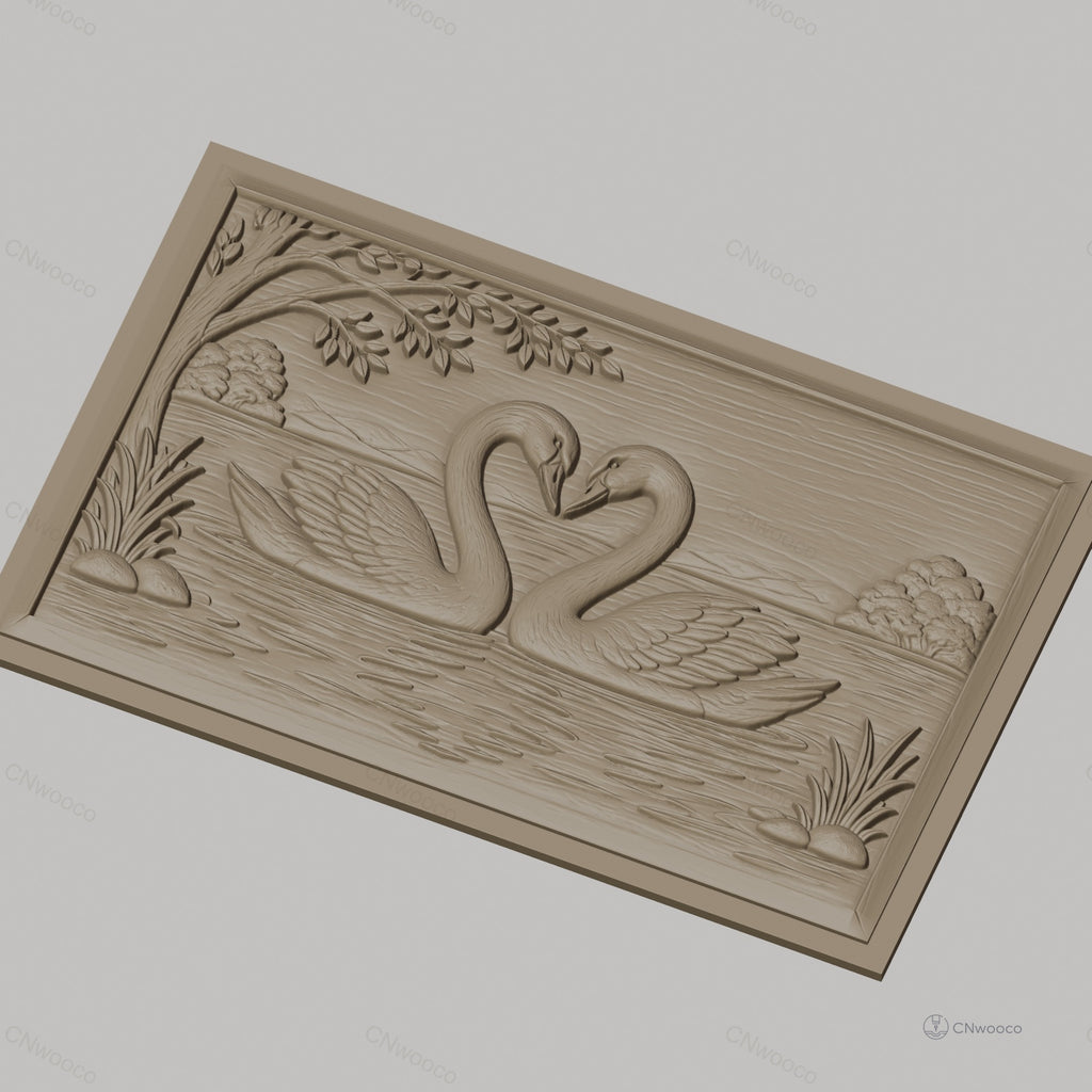 Fichier CNC & impression 3D cygnes amoureux, lac, arbres et reflets, haute qualité relief STL