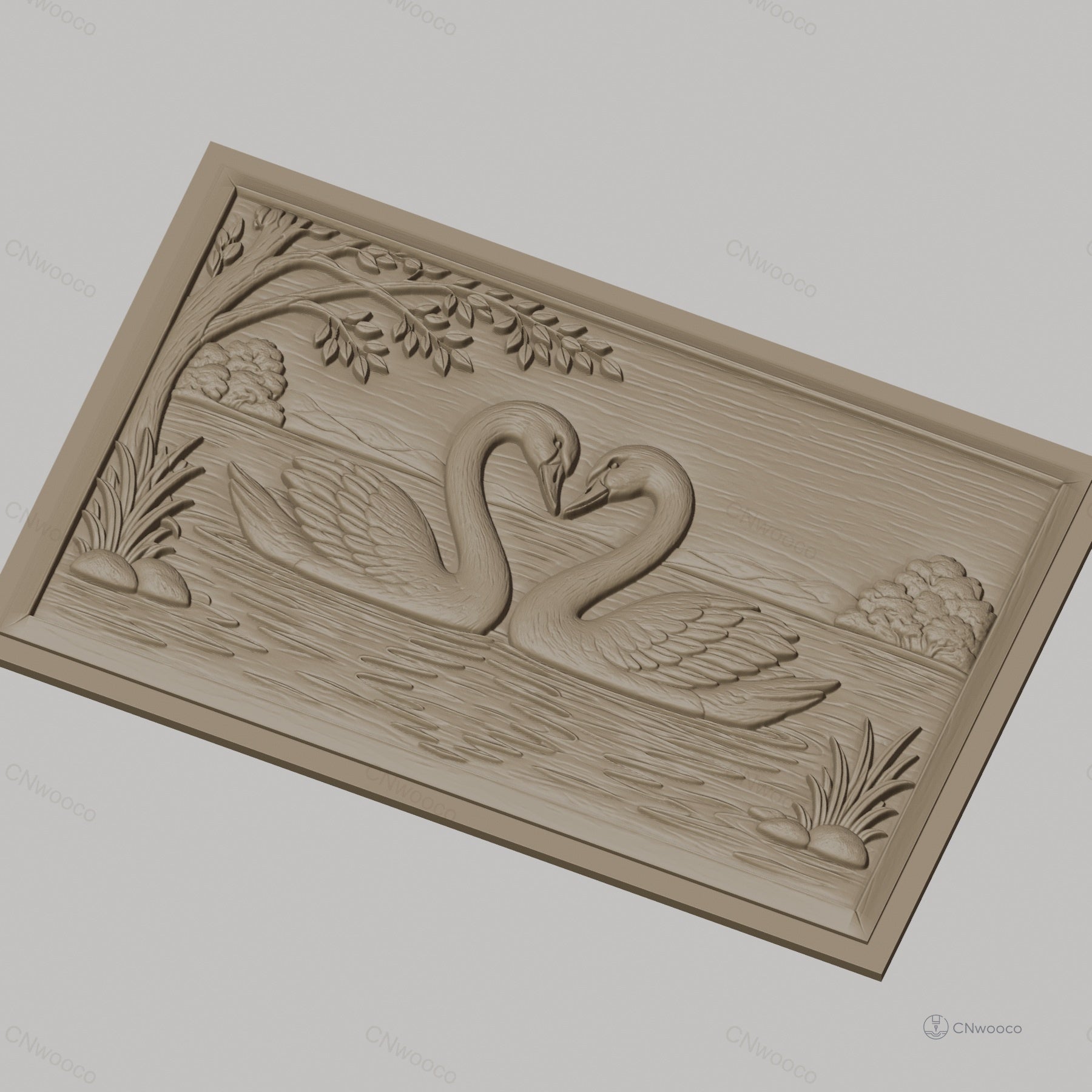 Fichier CNC & impression 3D cygnes amoureux, lac, arbres et reflets, haute qualité relief STL