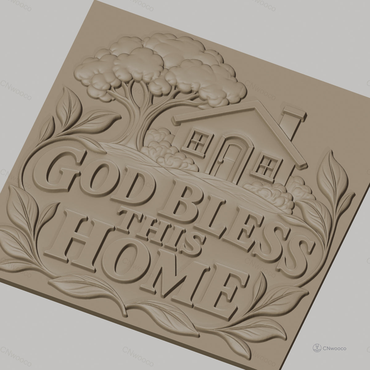 Fichier CNC & impression 3D maison avec arbre, texte God Bless This Home, haute qualité relief STL