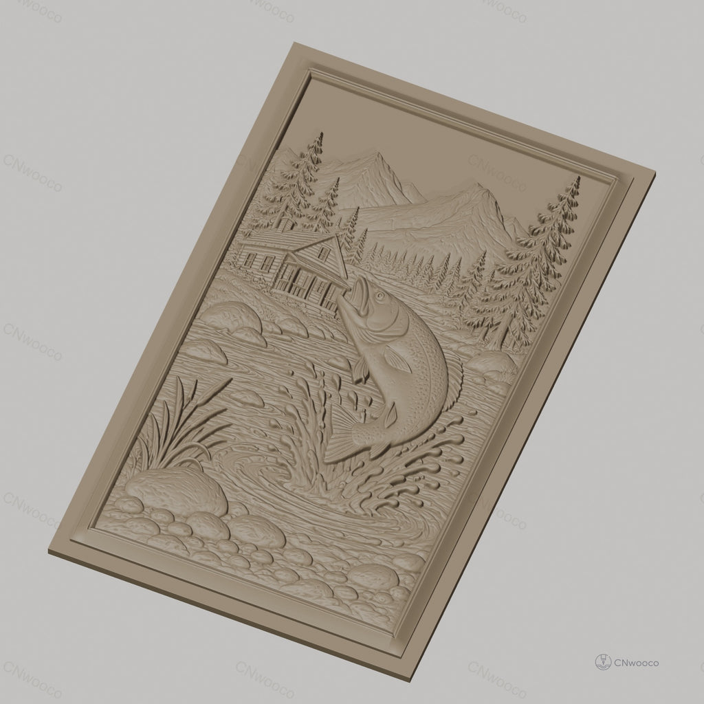 Fichier CNC & impression 3D pêche à la truite, rivière, chalet, montagne, arbres, haute qualité relief STL