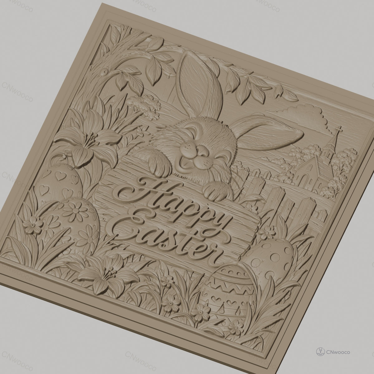 Fichier CNC & impression 3D lapin de Pâques, œufs décorés, fleurs et église en arrière-plan, haute qualité relief STL